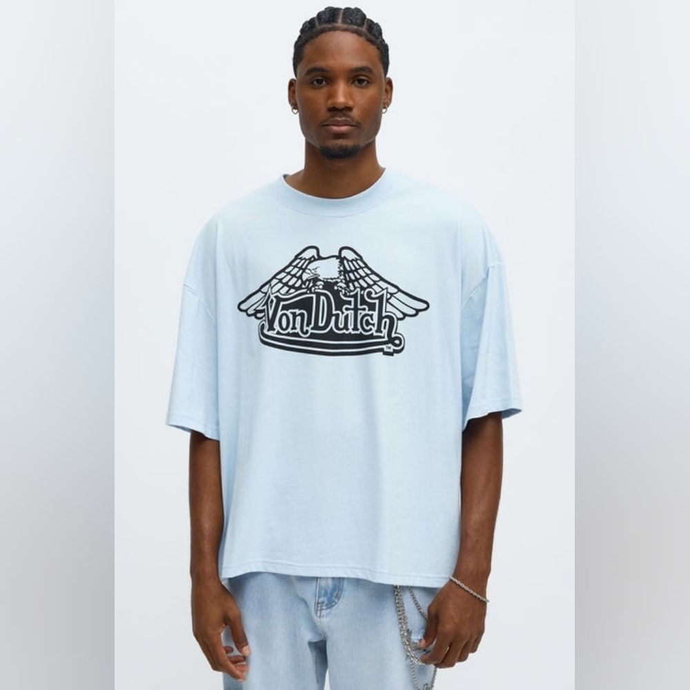 Oversized Cropped Von Dutch Classic Wings Tee - Light Blue